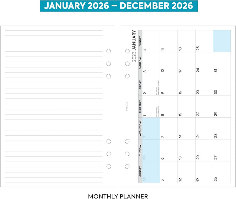 2026 A5 size Week on two pages lined diary organiser refill insert | Filofax A5 COMPATIBLE | Monthly/Weekly | UK holidays