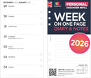 2026 Week on one page diary & lined notes organiser refill insert white | UK holidays | Filofax PERSONAL size COMPATIBLE | 95 x 171mm