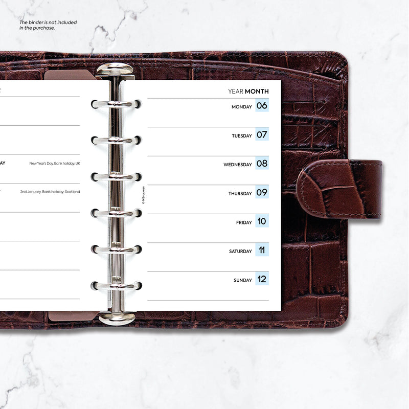 Pocket size Week on one page diary organiser refill | Classic collection