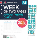 2026 A5 size Week on two pages appointments diary organiser refill insert | Filofax A5 COMPATIBLE | Monthly/Weekly | UK holidays