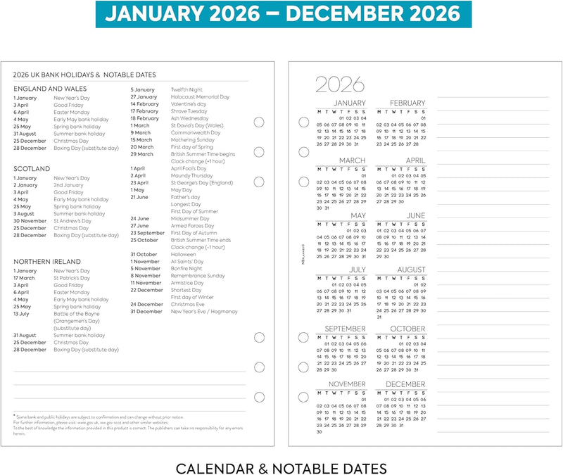 2026 A5 size Week on two pages appointments diary organiser refill insert | Filofax A5 COMPATIBLE | Monthly/Weekly | UK holidays