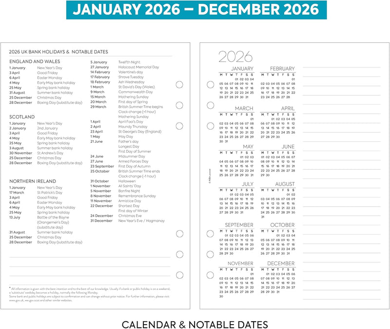 2026 A5 size Diary & Notes organiser refill insert | Filofax A5 COMPATIBLE | Monthly/Weekly | UK holidays