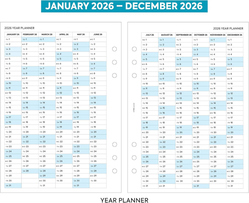 2026 A5 size Week on two pages lined diary organiser refill insert | Filofax A5 COMPATIBLE | Monthly/Weekly | UK holidays