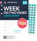 2026 A5 size Week on two pages lined diary organiser refill insert | Filofax A5 COMPATIBLE | Monthly/Weekly | UK holidays