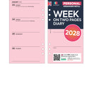 2028 Week on two pages pink diary organiser refill insert | Filofax PERSONAL size COMPATIBLE | 95 x 171mm