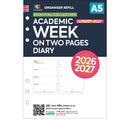 Academic 2026-2027 A5 size week on two pages diary organiser refill insert | Filofax A5 COMPATIBLE | 148 x 210mm