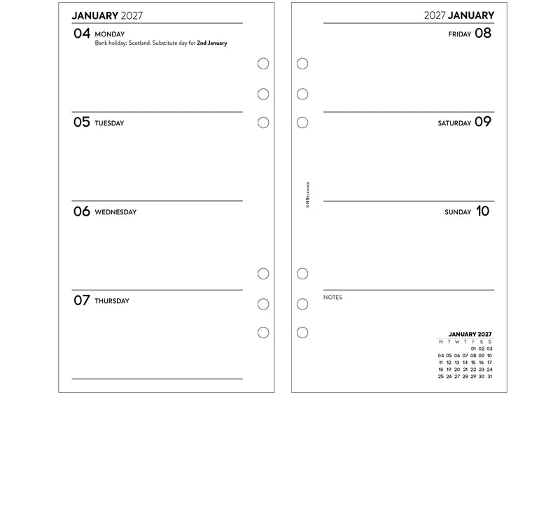 2027 Week on two pages diary organiser refill insert white | UK holidays | Filofax PERSONAL size COMPATIBLE | 95 x 171mm