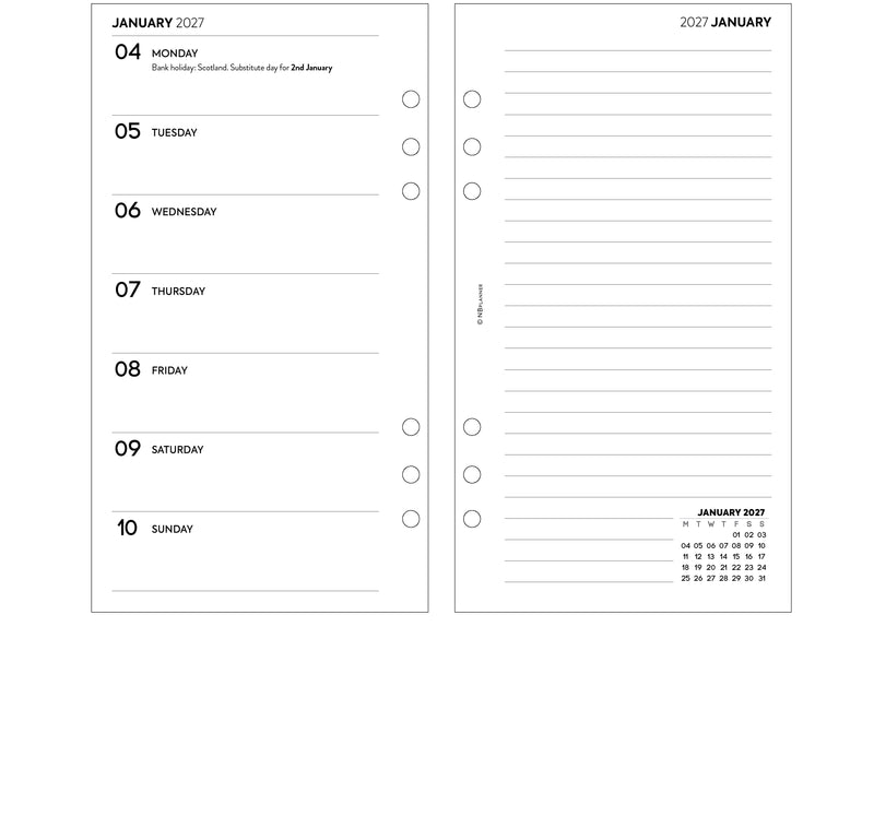 2027 Week on one page diary & lined notes organiser refill insert white | UK holidays | Filofax PERSONAL size COMPATIBLE | 95 x 171mm