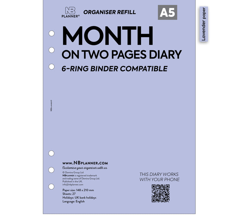 A5 size Month on two pages diary organiser refill | Coloured paper