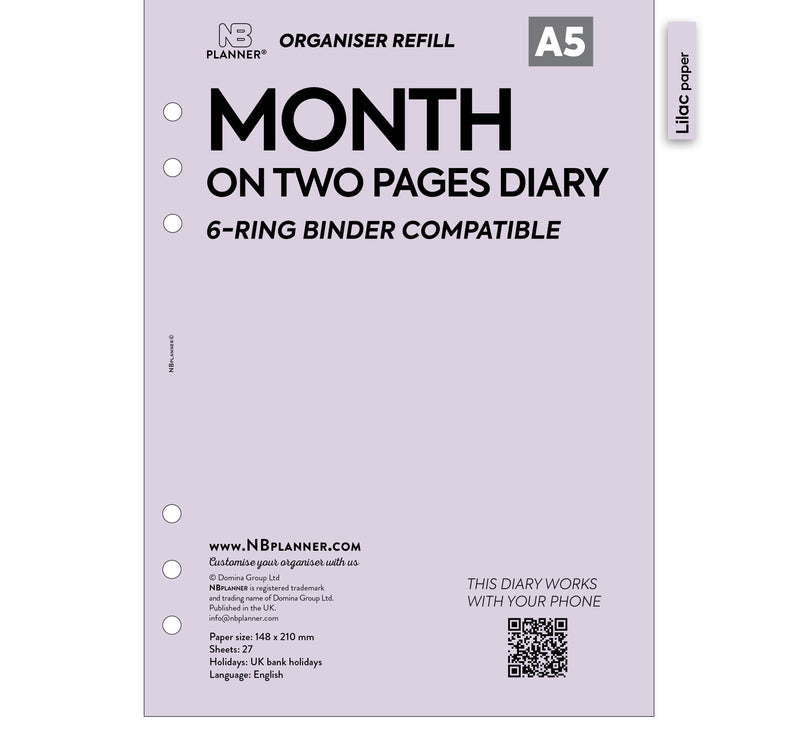 A5 size Month on two pages diary organiser refill | Coloured paper
