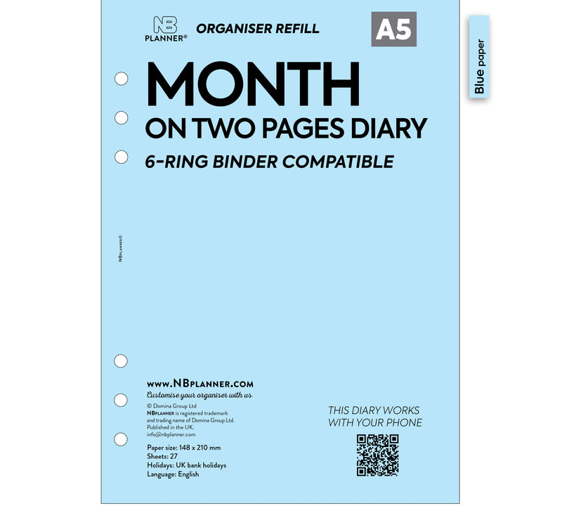 A5 size Month on two pages diary organiser refill | Coloured paper