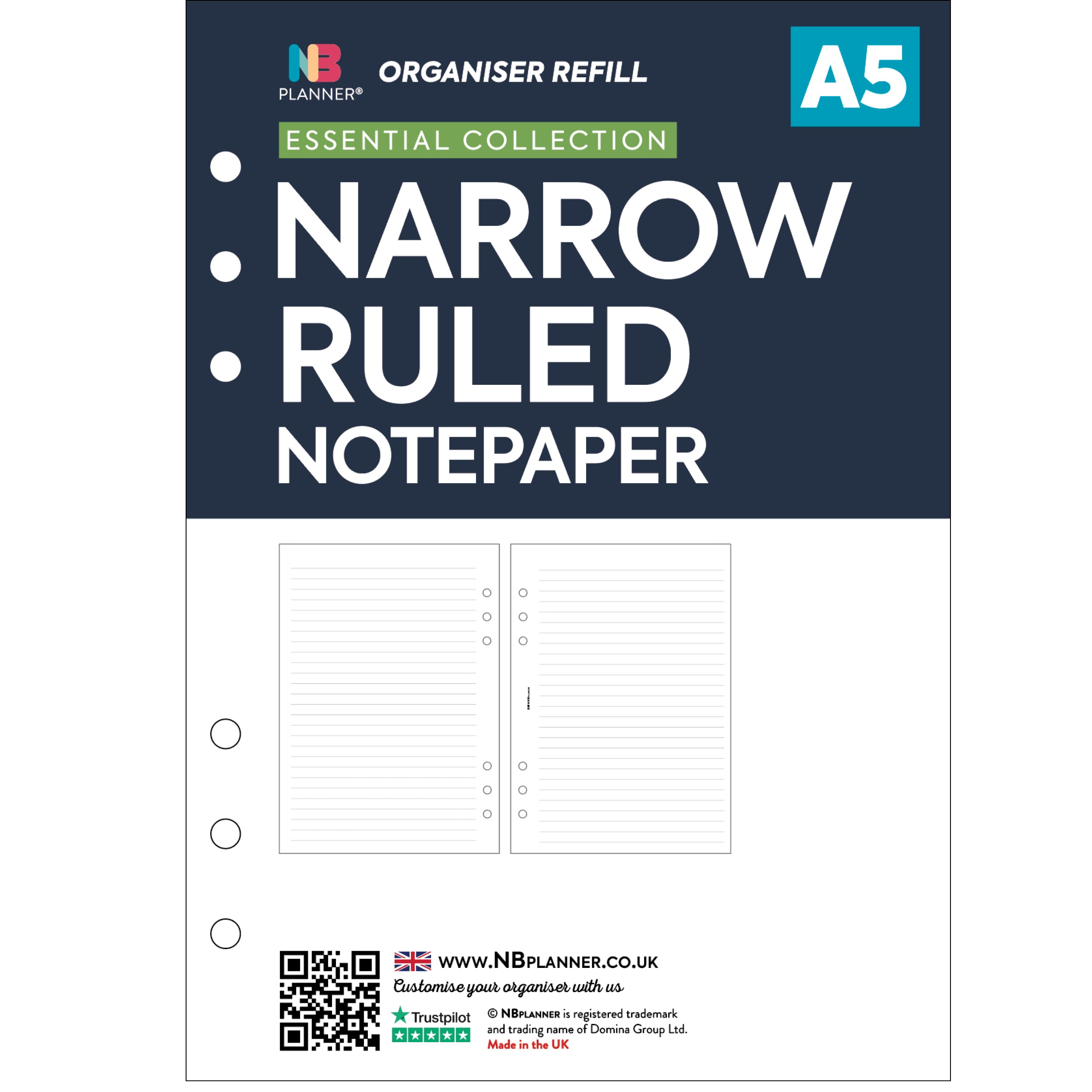 A5 size narrow-ruled notepaper organiser refill | Essential