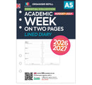 Academic 2026-2027 A5 size week on two pages lined diary organiser refill insert | Filofax A5 COMPATIBLE | 148 x 210mm