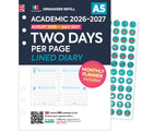 Academic 2026-2027 Two days per page lined diary organiser refill to fit in Filofax 6-ring organisers