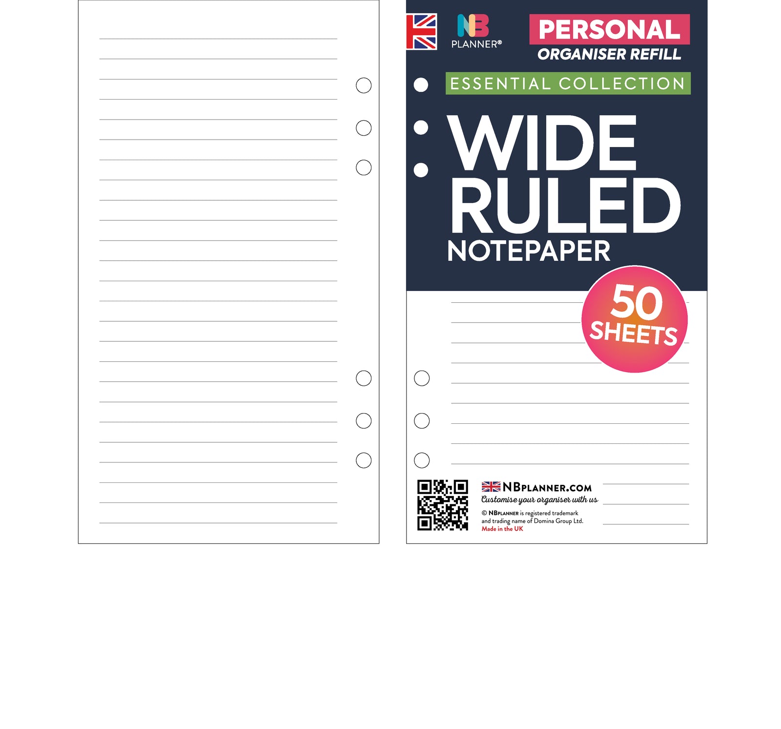Personal size wide-ruled notepaper organiser refill | Essential