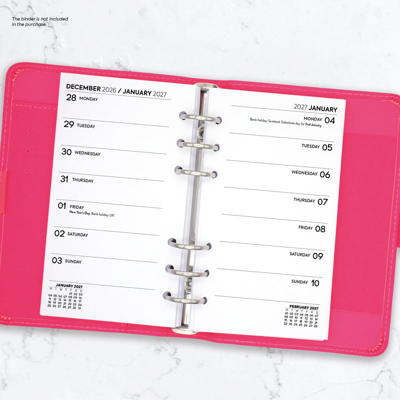 2027 Week on one page diary organiser refill insert | Compatible with Filofax PERSONAL size | 95 x 171mm