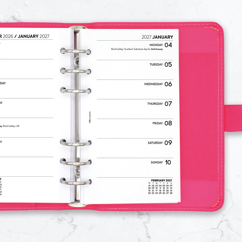 2027 Week on one page diary organiser refill insert | Compatible with Filofax PERSONAL size | 95 x 171mm