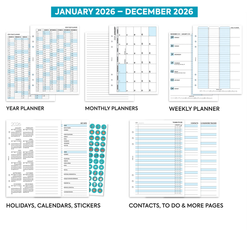 2026 A5 size Family life planner organiser diary refill insert Filofax A5 COMPATIBLE | Monthly/Weekly | UK holidays