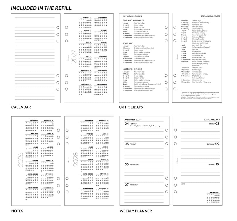 2027 Week on two pages lined diary organiser refill insert white | UK holidays | Filofax PERSONAL size COMPATIBLE | 95 x 171mm