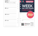 2027 Week on two pages lined diary organiser refill insert white | UK holidays | Filofax PERSONAL size COMPATIBLE | 95 x 171mm