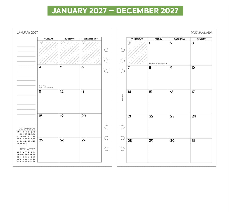 2027 A5 size month on two pages diary refill insert | Filofax A5 COMPATIBLE | 148 x 210mm