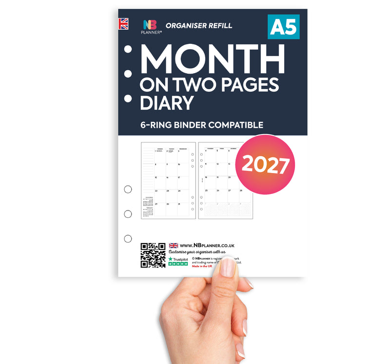 2027 A5 size month on two pages diary refill insert | Filofax A5 COMPATIBLE | 148 x 210mm