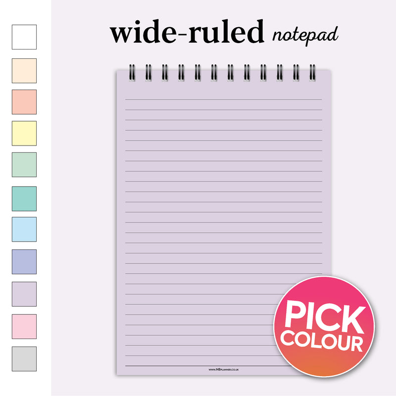 Note Pad Ruled Note A5 wide-ruled notepad | Spiral desk pad | Coloured and white paper