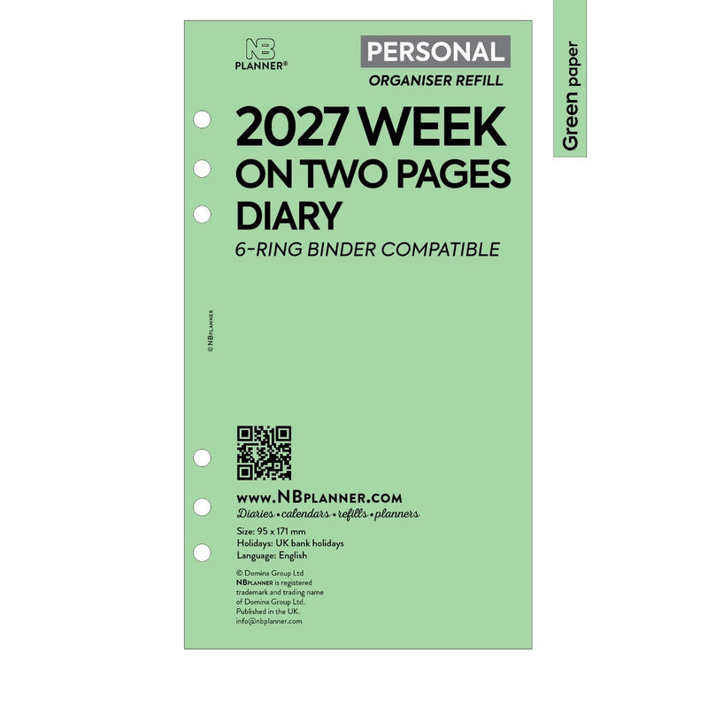 2027 Personal size Week on two pages diary organiser refill | Coloured paper