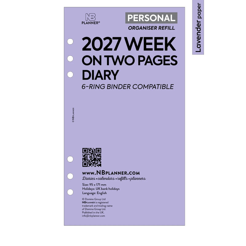 2027 Personal size Week on two pages diary organiser refill | Coloured paper
