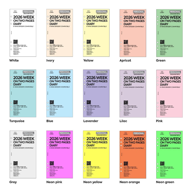 2026 Personal size Week on two pages diary organiser refill | Coloured paper