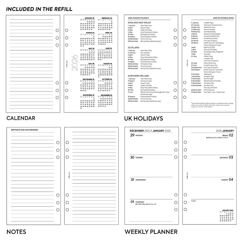 2026 Personal size Week on two pages diary organiser refill | Coloured paper