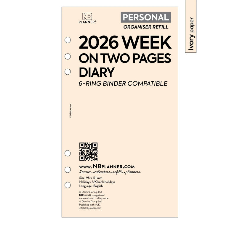 2026 Personal size Week on two pages diary organiser refill | Coloured paper