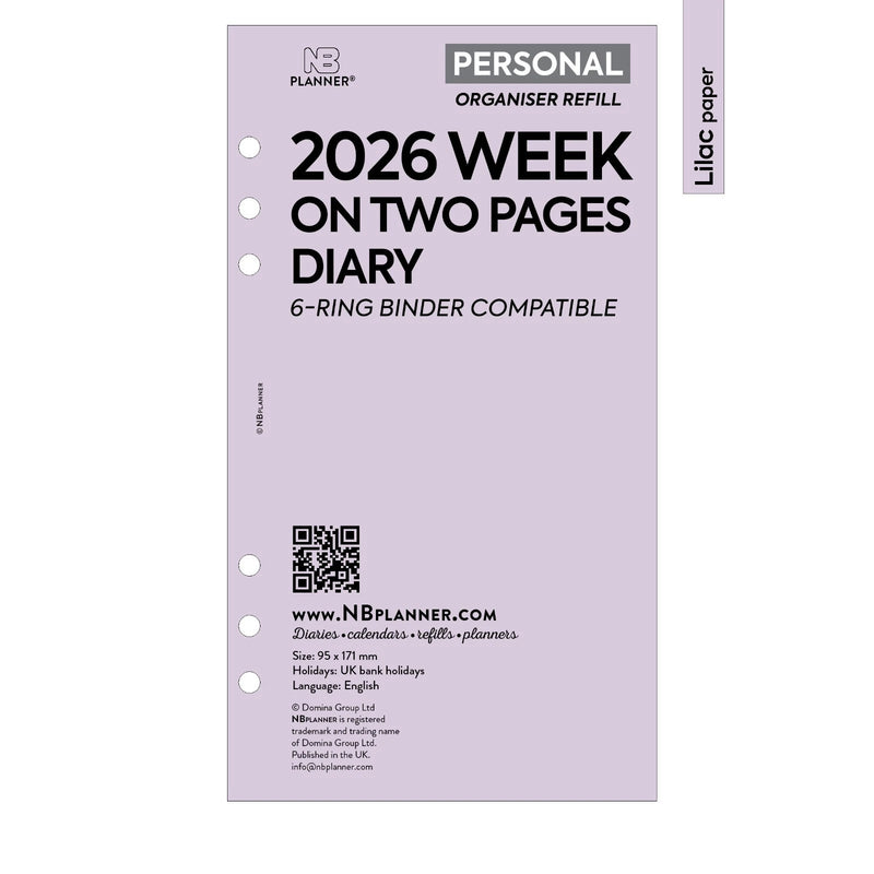 2026 Personal size Week on two pages diary organiser refill | Coloured paper