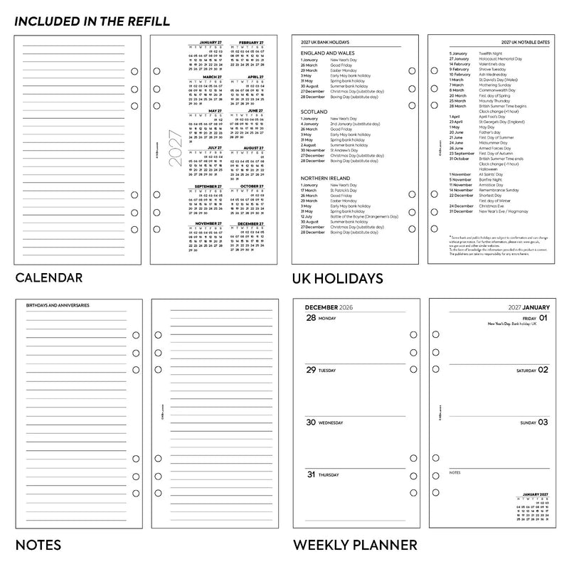 2027 Personal size Week on two pages diary organiser refill | Coloured paper