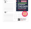 Academic 2026-2027 Two days on one page lined diary organiser refill insert | Filofax PERSONAL size COMPATIBLE | 95 x 171mm