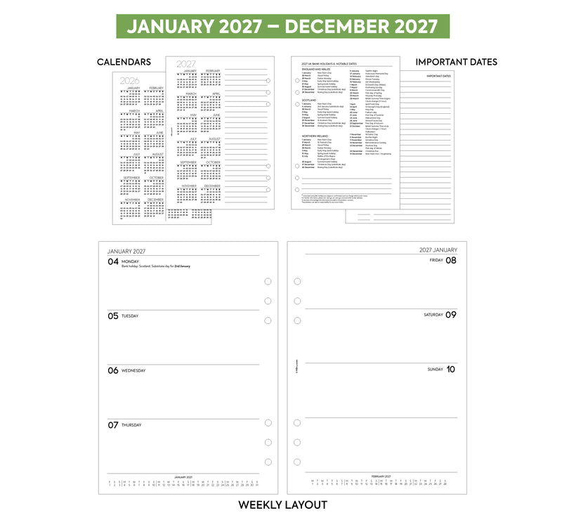 2027 A5 size week on two pages diary organiser refill insert | Filofax A5 COMPATIBLE | 148 x 210mm