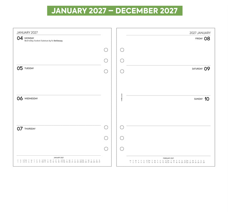 2027 A5 size week on two pages diary organiser refill insert | Filofax A5 COMPATIBLE | 148 x 210mm