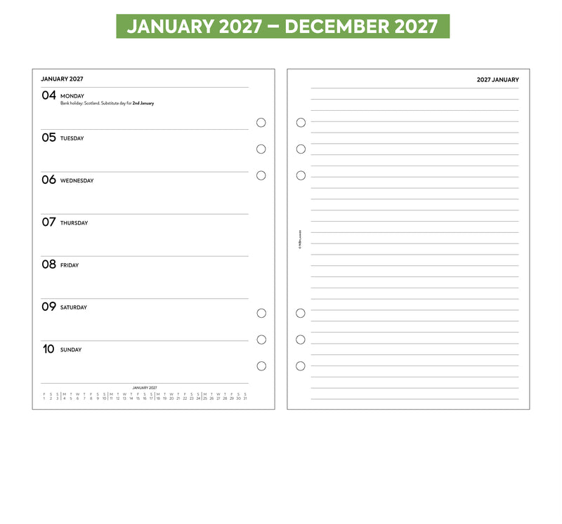 2027 A5 size week on one page diary & lined notes organiser refill insert | Filofax A5 COMPATIBLE | 148 x 210mm