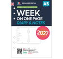 2027 A5 size week on one page diary & lined notes organiser refill insert | Filofax A5 COMPATIBLE | 148 x 210mm