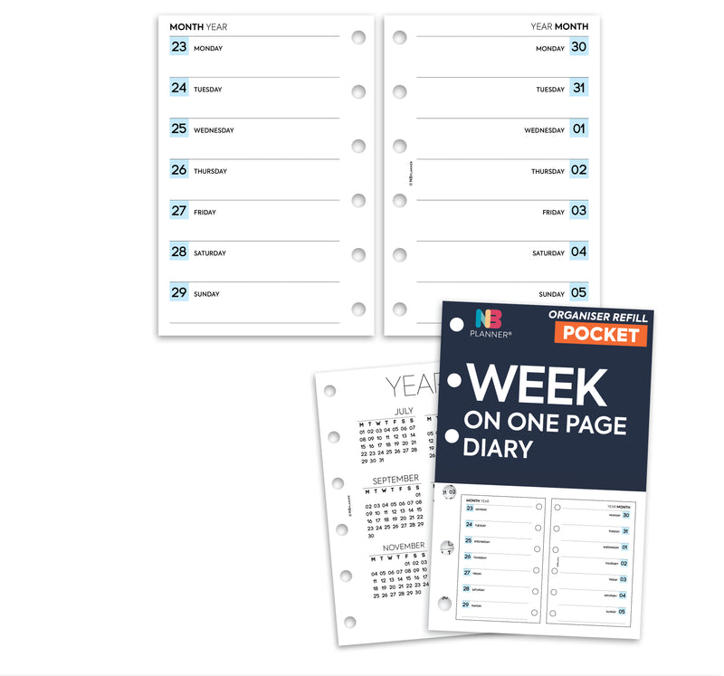 Pocket size Week on one page diary organiser refill | Classic collection