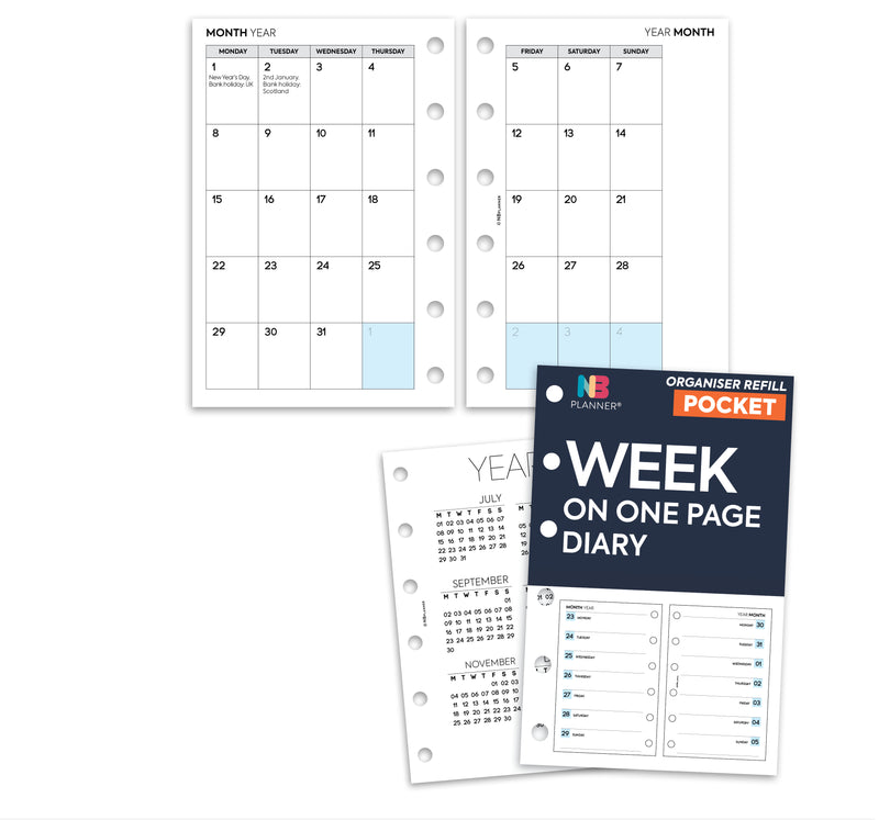 Pocket size Week on one page diary organiser refill | Classic collection