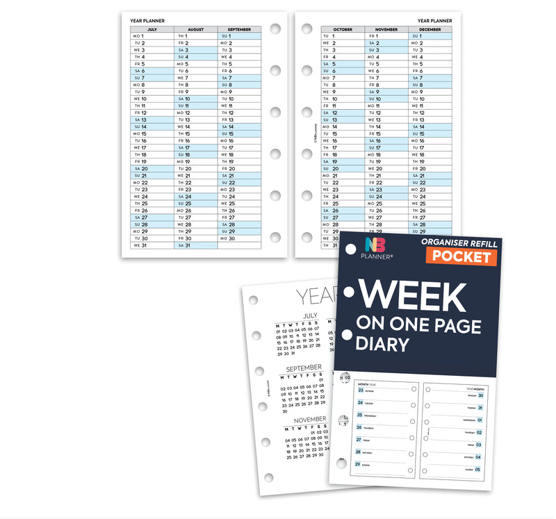 Pocket size Week on one page diary organiser refill | Classic collection