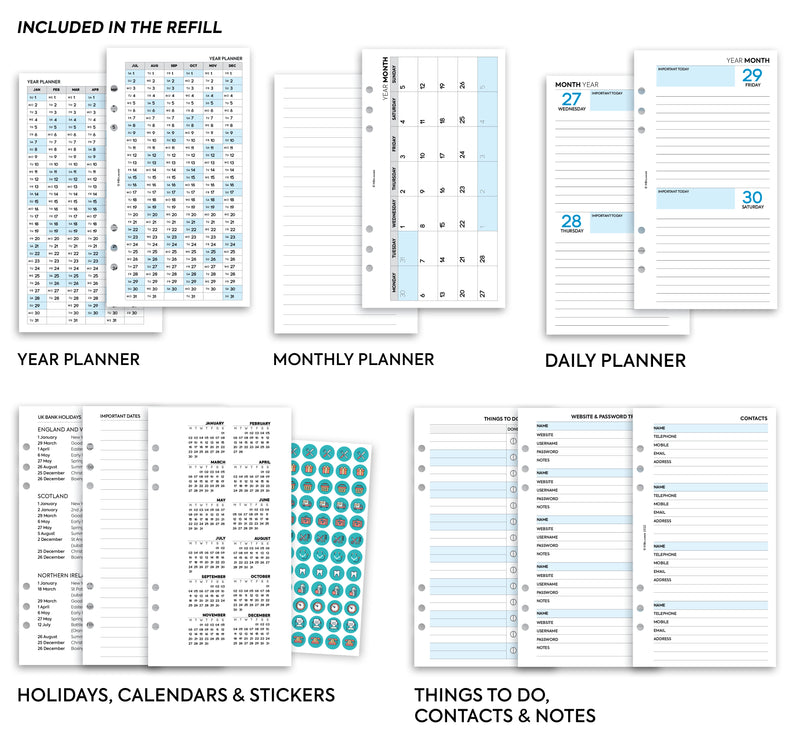 Personal size Two days on one page lined diary organiser refill | Monthly/Daily / Classic collection